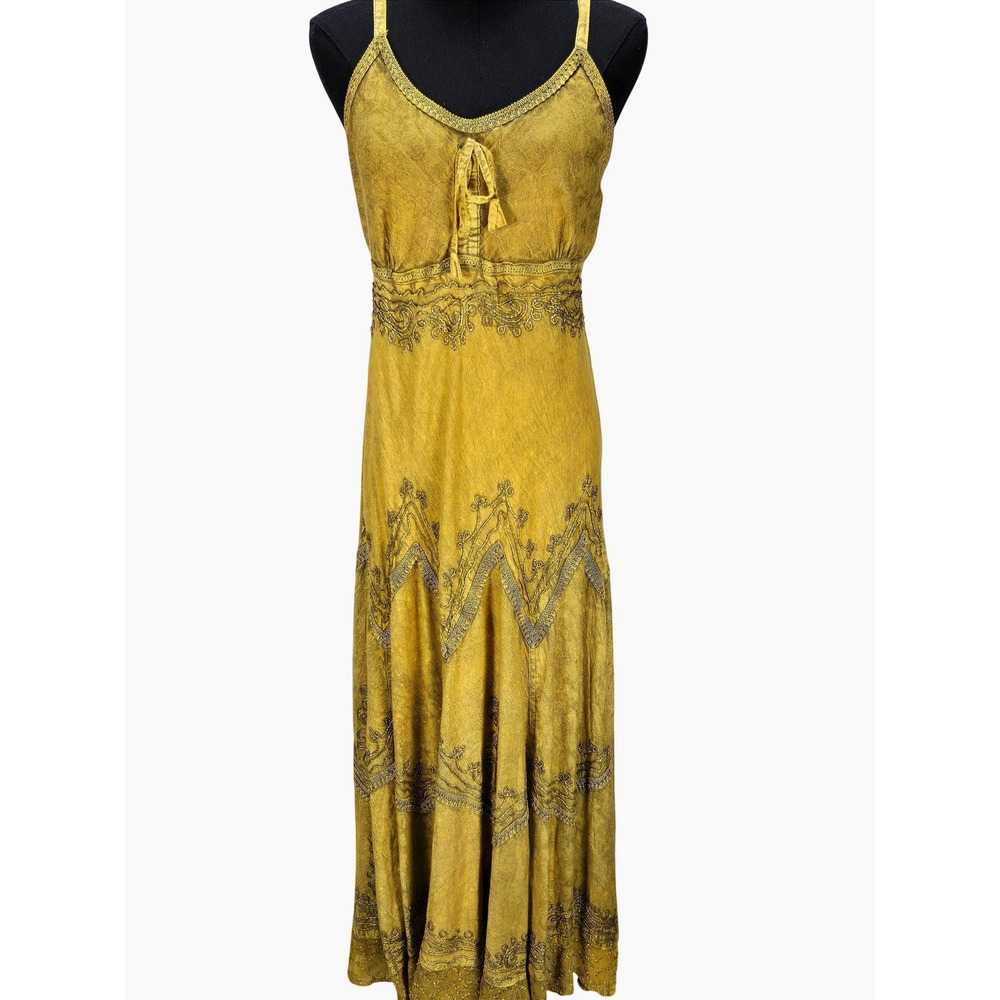 Women's Sakkas L/XL Maxi Dress Gold Embroidered Boho Whimsigoth Smocked Witchy